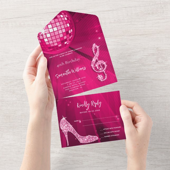 Disco Ball and Heels Pink Birthday All In One Invitation (Tearaway)