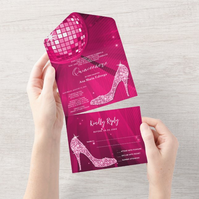 Disco Ball and Heels Pink Quinceañera All In One Invitation (Tearaway)
