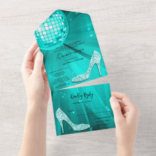 Disco Ball and Heels Teal Quinceañera All In One Invitation
