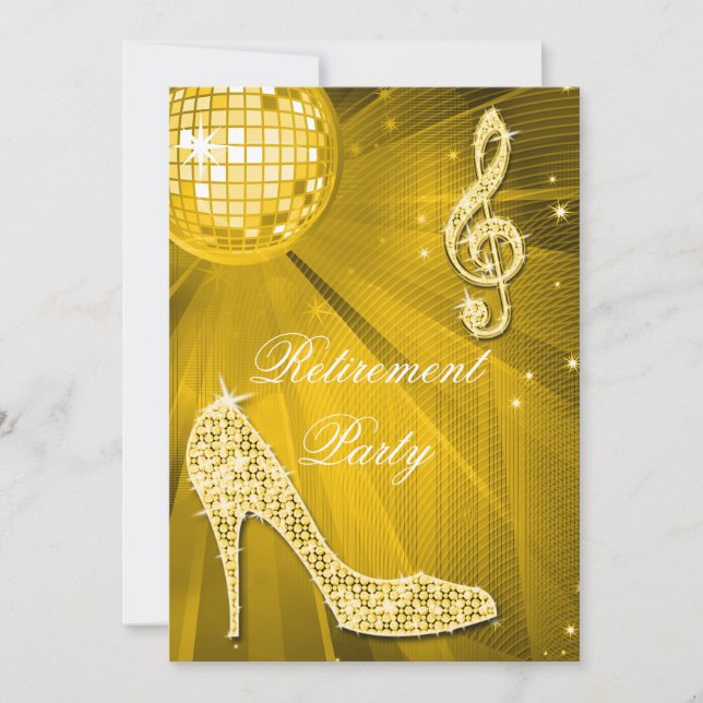 Disco Ball and Sparkle Heels Gold Retirement Invitation (Front)