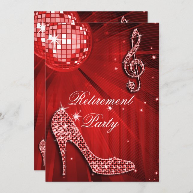 Disco Ball and Sparkle Heels Red Retirement Invitation (Front/Back)