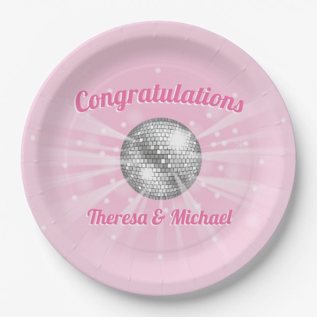 Disco Ball Baby Shower Pink Girl Paper Plate (Front)