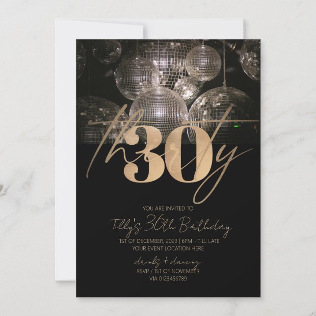 Disco ball black and gold 30th birthday party  invitation (Front)