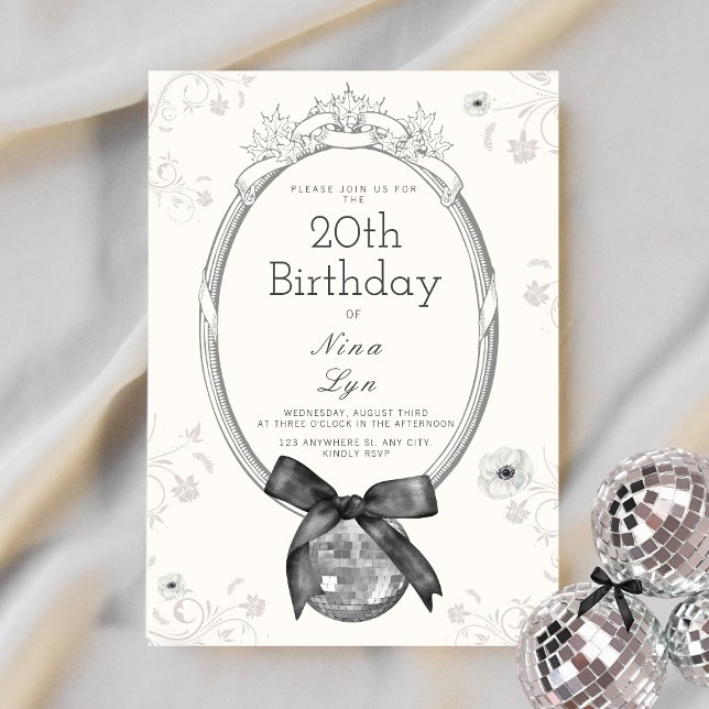 Disco Ball & Black Bow Coquette Birthday Invitation (Creator Uploaded)
