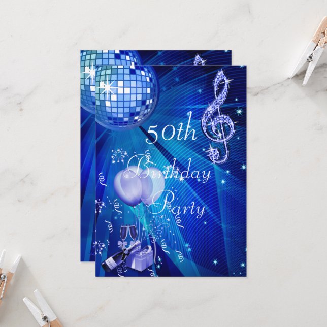 Disco Ball, Champagne & Balloons 50th Birthday Invitation (Front/Back In Situ)