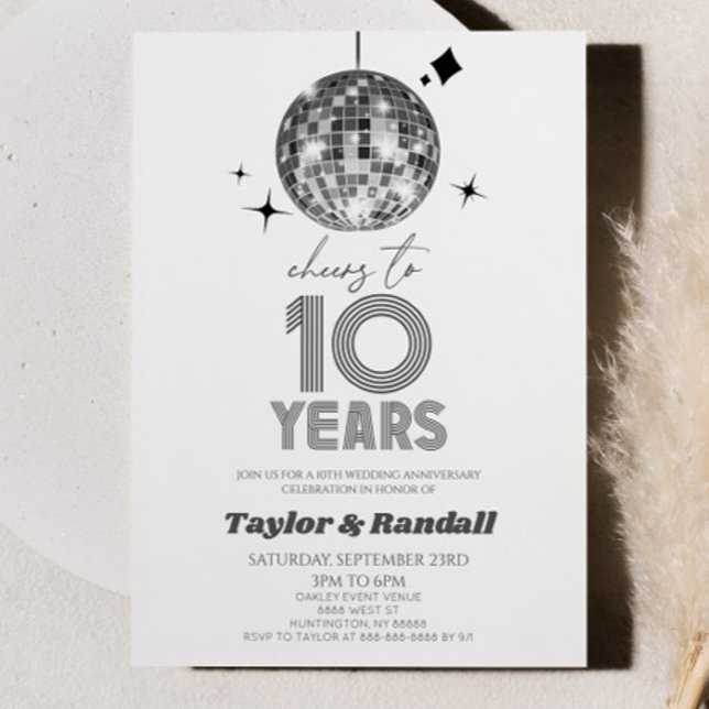 Disco Ball Cheers To 10 Years Wedding Anniversary Invitation (Creator Uploaded)
