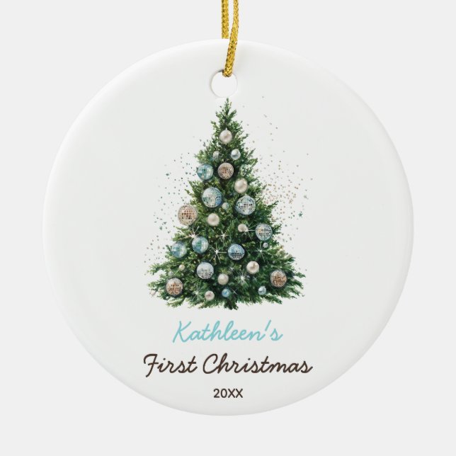 Disco Ball Christmas Tree Baby's First Christmas Ceramic Ornament (Front)