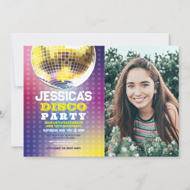 Disco Ball Dance Photo Party Birthday Invite Girls (Front)