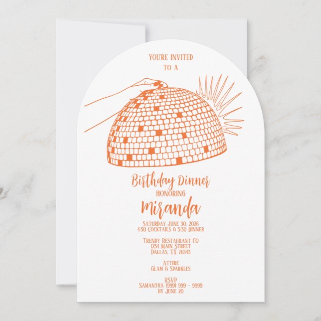 Disco Ball Dinner Invitation Orange (Front)