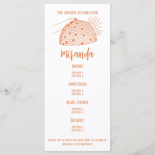 Disco Ball Dinner Menu Orange (Front)
