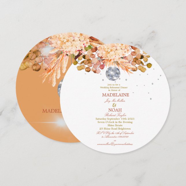 Disco Ball Floral Elegant Orange Wedding Rehearsal Invitation (Front/Back)