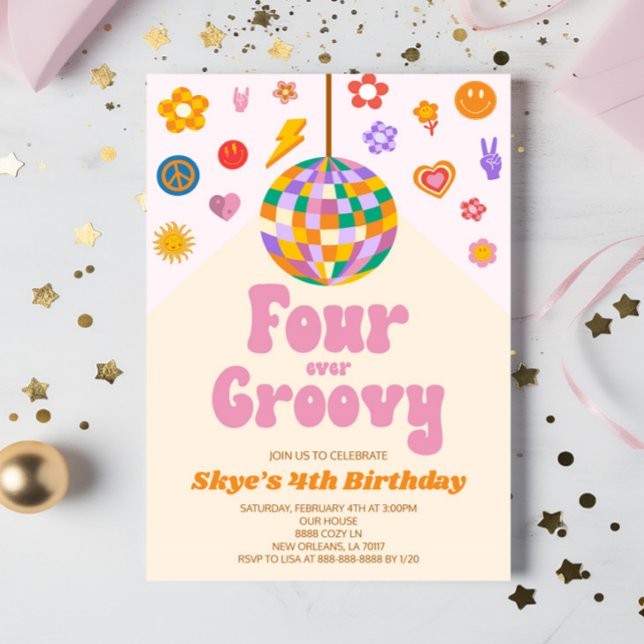 Disco Ball Four Ever Groovy 4th Birthday Party Invitation (Creator Uploaded)
