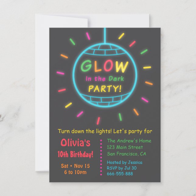 Disco Ball Glow in the Dark Birthday Party Invitation (Front)