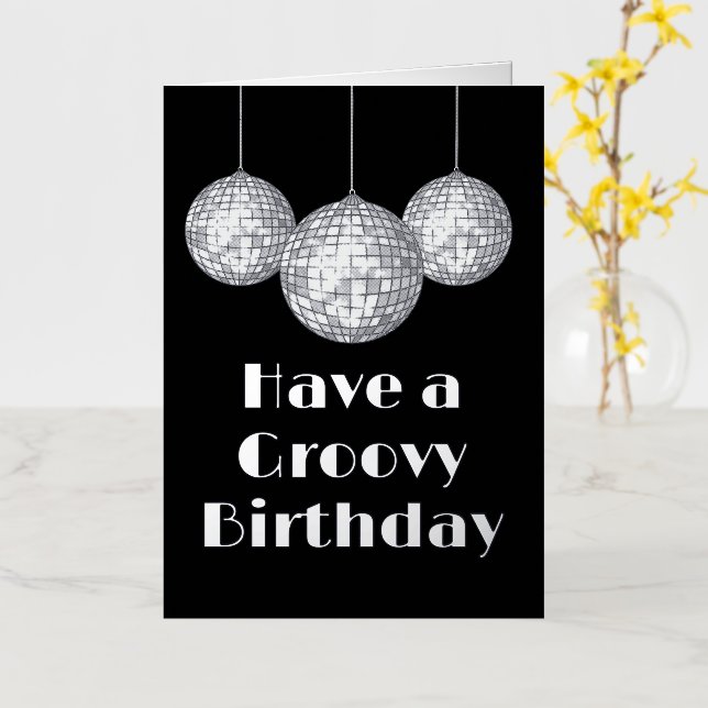 Disco Ball Groovy Birthday Silver  Foil Greeting Card (Yellow Flower)
