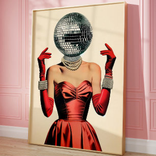 Disco Ball Head Woman Wall Art, Glam Retro Party Poster