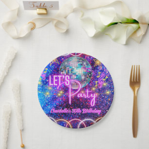 Disco Ball Let's Party Neon Pink Glow Birthday Paper Plate