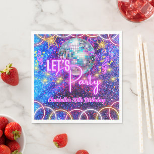 Disco Ball Let's Party Neon Pink Glow Girl Party Napkin