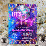 Disco Ball Let's Party Neon Pink Glowing Birthday Invitation<br><div class="desc">"Let's party" design with vivid neon glow lights in blue,  pink,  and purple,  for girls' and women's birthday parties,  great for roller skating,  and dancing parties in the retro style.</div>