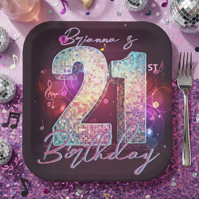 Disco Ball Musical Notes Pink 21st Birthday Paper Plate (Creator Uploaded)
