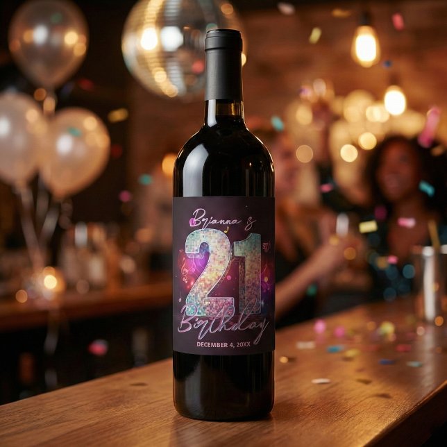 Disco Ball Musical Notes Pink Purple 21st Birthday Wine Label (Creator Uploaded)