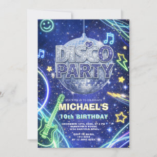 Disco Ball Neon Space Kids Birthday Party Invite