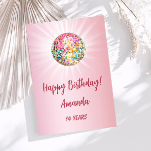Disco ball pink girl happy birthday card