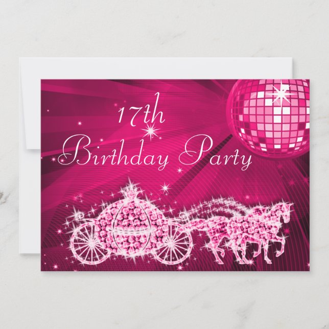 Disco Ball, Princess Coach & Horses 17th Birthday Invitation (Front)