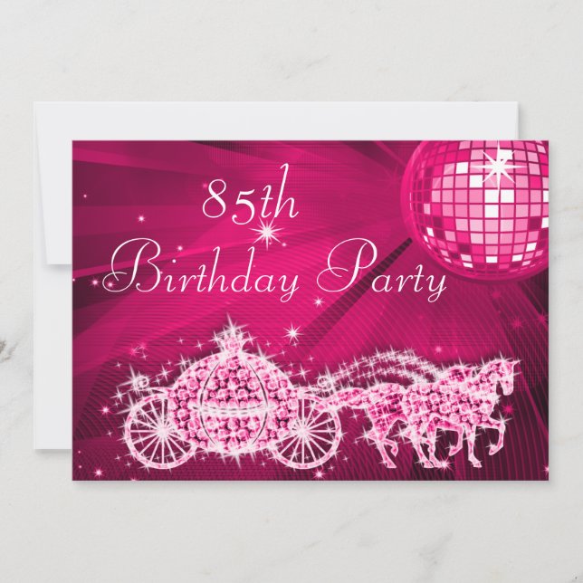 Disco Ball, Princess Coach & Horses 85th Birthday Invitation (Front)