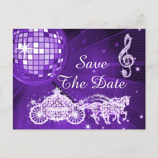 Disco Ball, Princess Coach & Horses Save The Date Announcement Postcard (Front)
