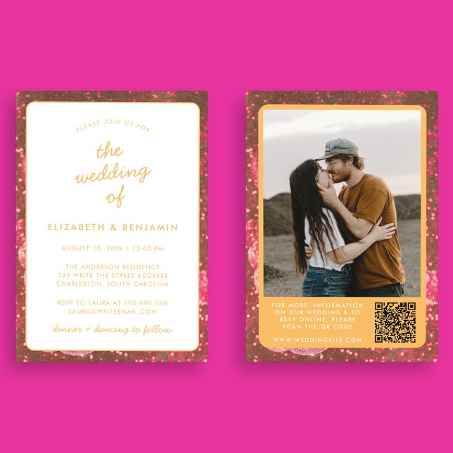 Disco Ball QR Code Photo Hot Pink Orange Wedding Invitation (Front and Back)
