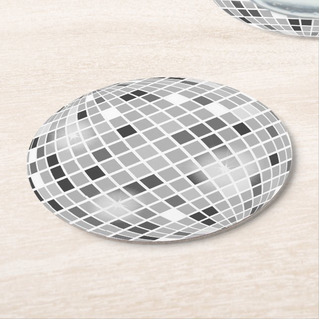 Disco Ball Retro 70s Silver Black Round Paper Coaster (Angled)