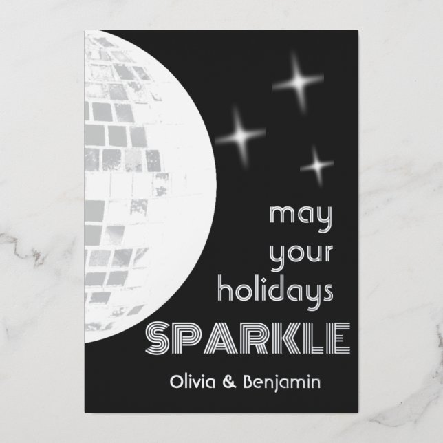 Disco Ball Sparkle Foil Holiday Card Black (Front)