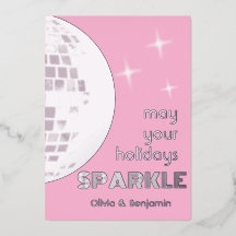Disco Ball Sparkle Silver Foil Holiday Card Pink