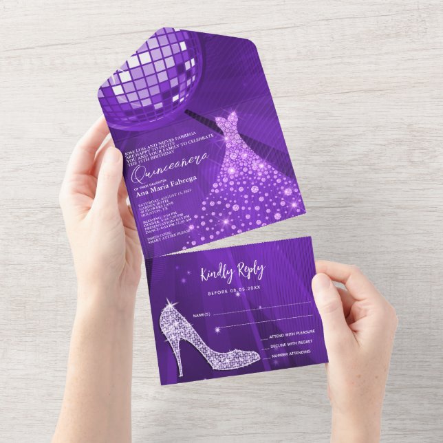 Disco Ball, Stiletto, Ball Gown Purple Quinceañera All In One Invitation (Tearaway)