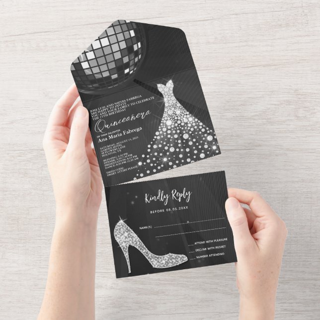 Disco Ball, Stiletto & Ball Gown Quinceañera All In One Invitation (Tearaway)