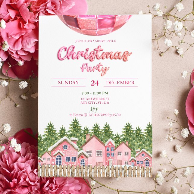 Disco Ball Village Pink Christmas Party Invitation (Front)