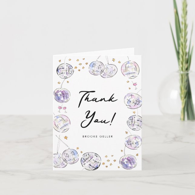 Disco Ball Watercolor Birthday Party Folded Thank You Card (Front)