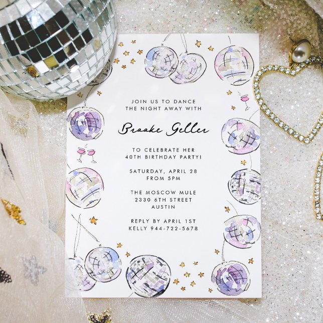 Disco Ball Watercolor Birthday Party Invitation (Stunning watercolor disco balls frame this birthday party invitation in lovely purple and pink hues.)