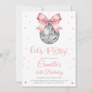 Disco ball with pink bow girl birthday  invitation