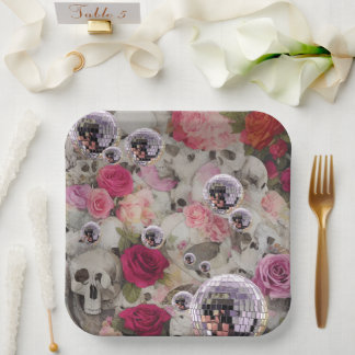 Disco Balls Skulls and Roses Paper Plate