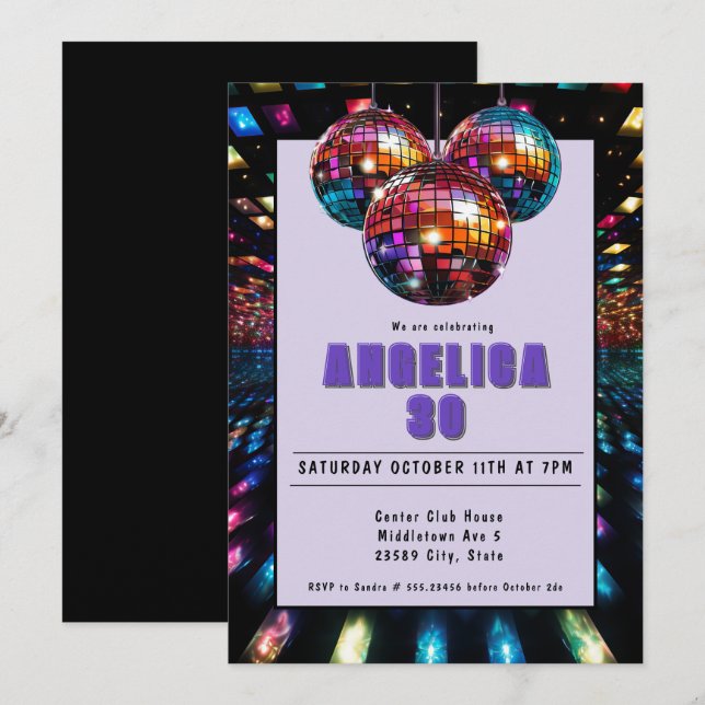 Disco Birthday Purple Black Invitation (Front/Back)