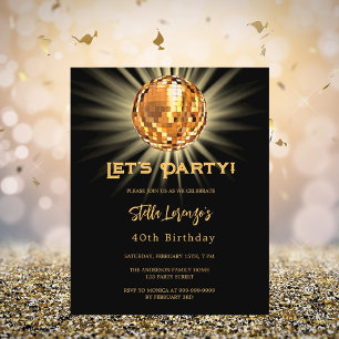 Disco black gold 40th birthday budget invitation