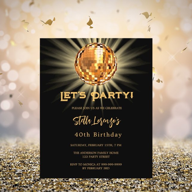Disco black gold 40th birthday budget invitation (Creator Uploaded)