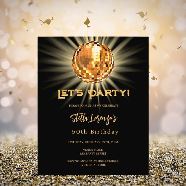 Disco black gold 50th birthday invitation (Creator Uploaded)