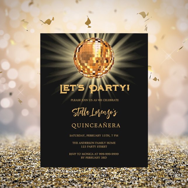 Disco black gold Quinceanera budget invitation (Creator Uploaded)