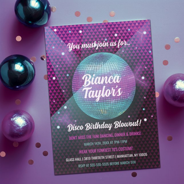 Disco Blowout Purple and Pink Birthday Party Invitation (Purple and Blue Disco Bash Party Invitation)