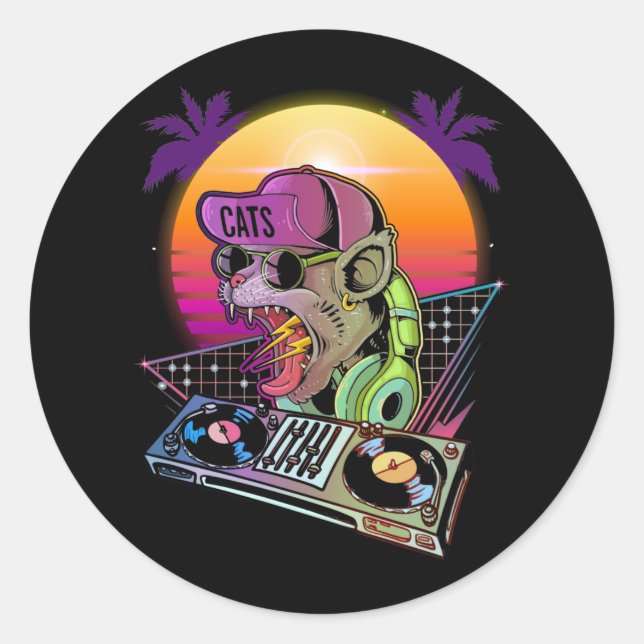 Disco Cat DJ Vaporwave 80s 90s Techno Music Lover Classic Round Sticker (Front)