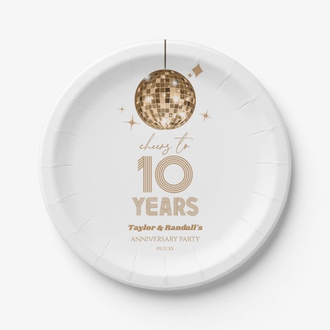 Disco Cheers 10 Years Wedding Anniversary Party Paper Plate (Front)