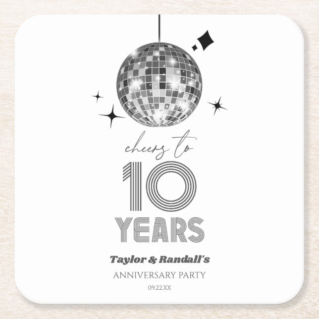 Disco Cheers 10 Years Wedding Anniversary Party Square Paper Coaster (Front)
