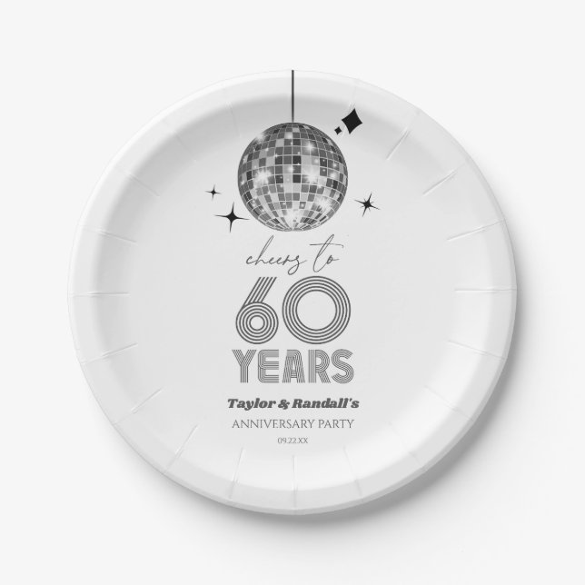 Disco Cheers 60 Years Wedding Anniversary Party Paper Plate (Front)